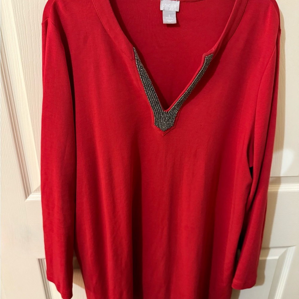Chico's Vibrant Red Blouse w Beaded Detail - Valentines Day ❤️🩷